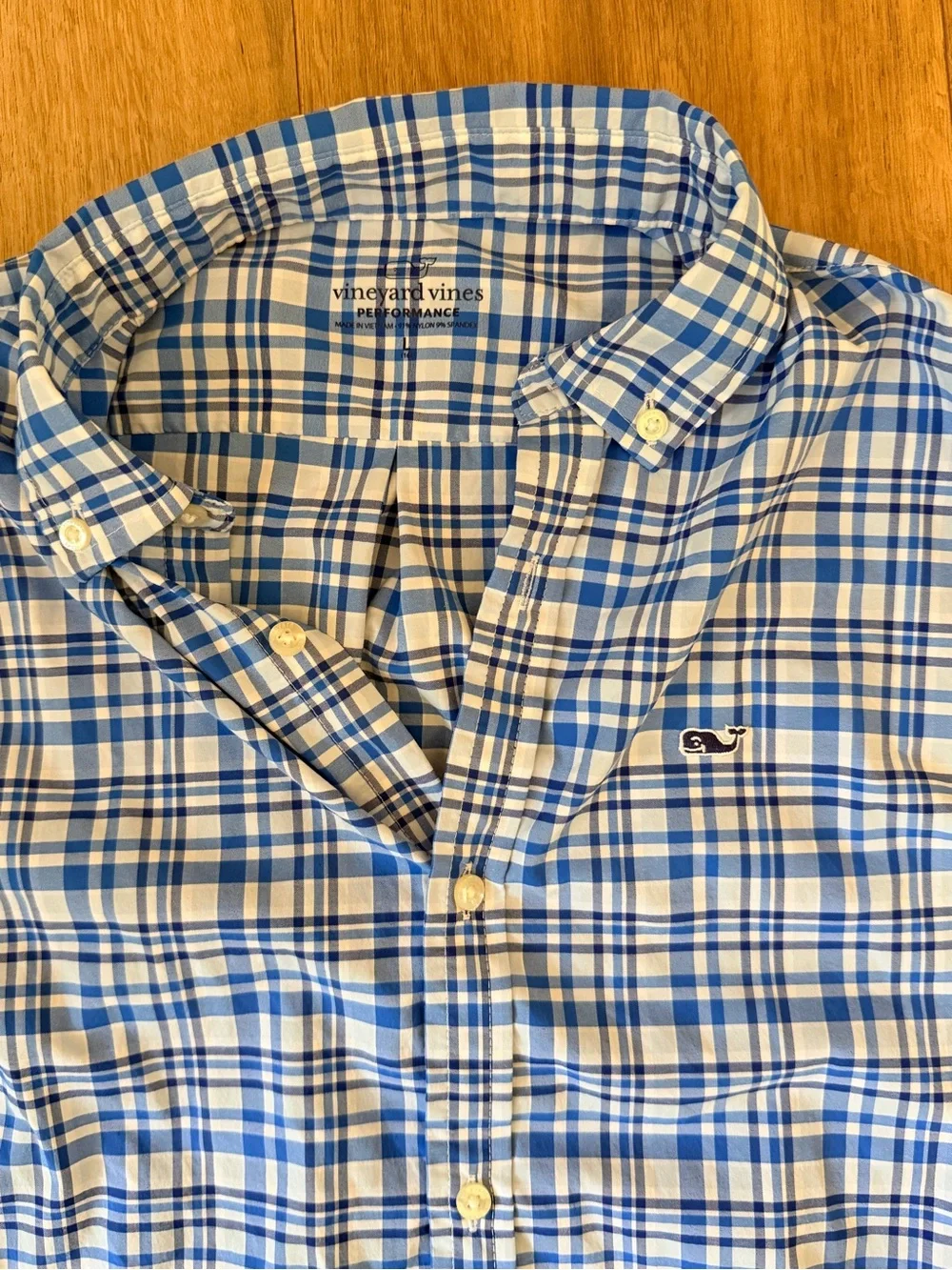 Vineyard Vines Peformance Blue & White Plaid Athletic Button-Down Shirt